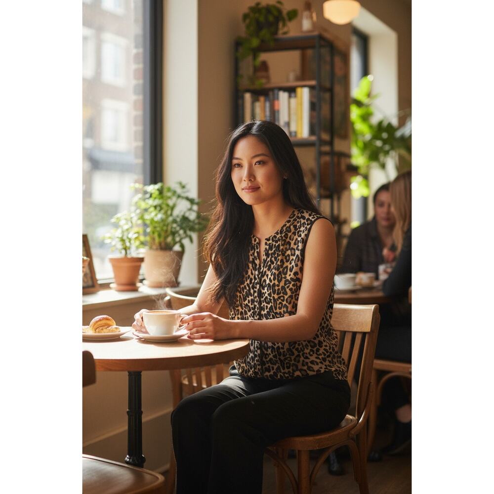 Tahari Leopard Print Pleated Blouse with Black Trim